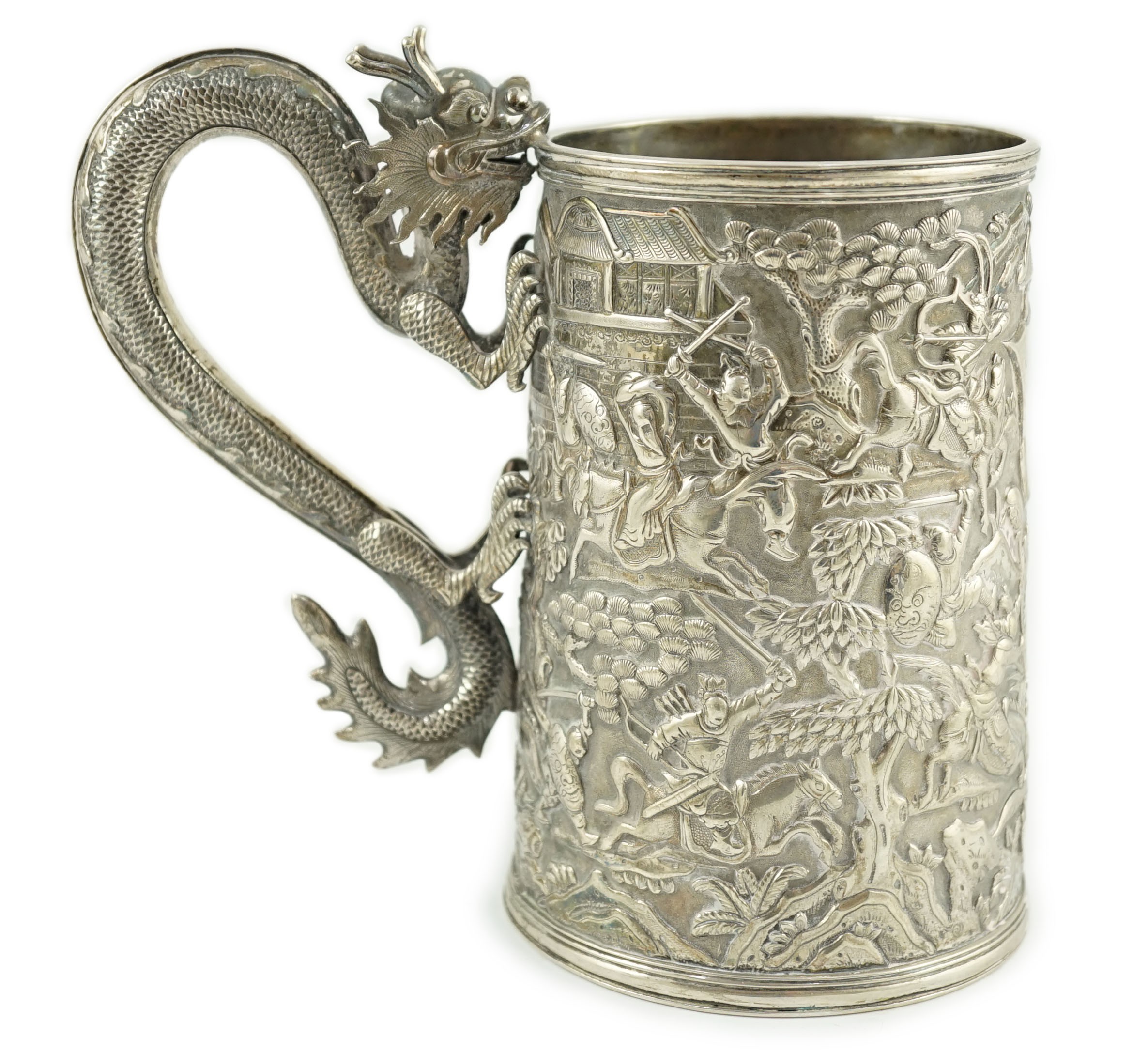A late 19th century Chinese Export double skinned silver mug, by Leeching